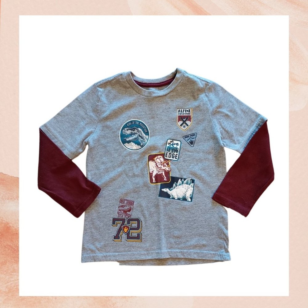 Gray Dino Patch Varsity Long Sleeve T-Shirt